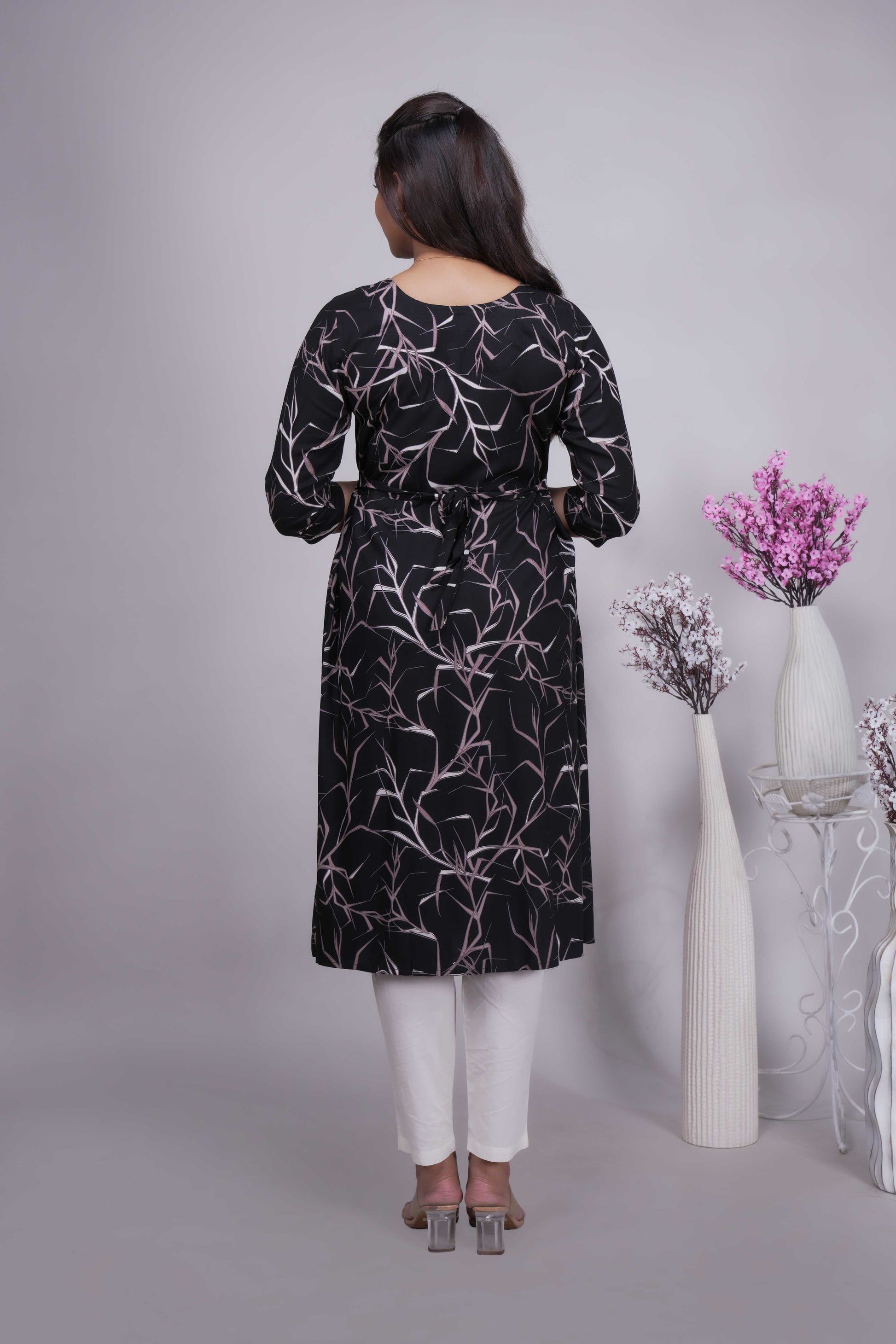 Women's Black & Pink Abstract Twig Print Anarkali Kurta