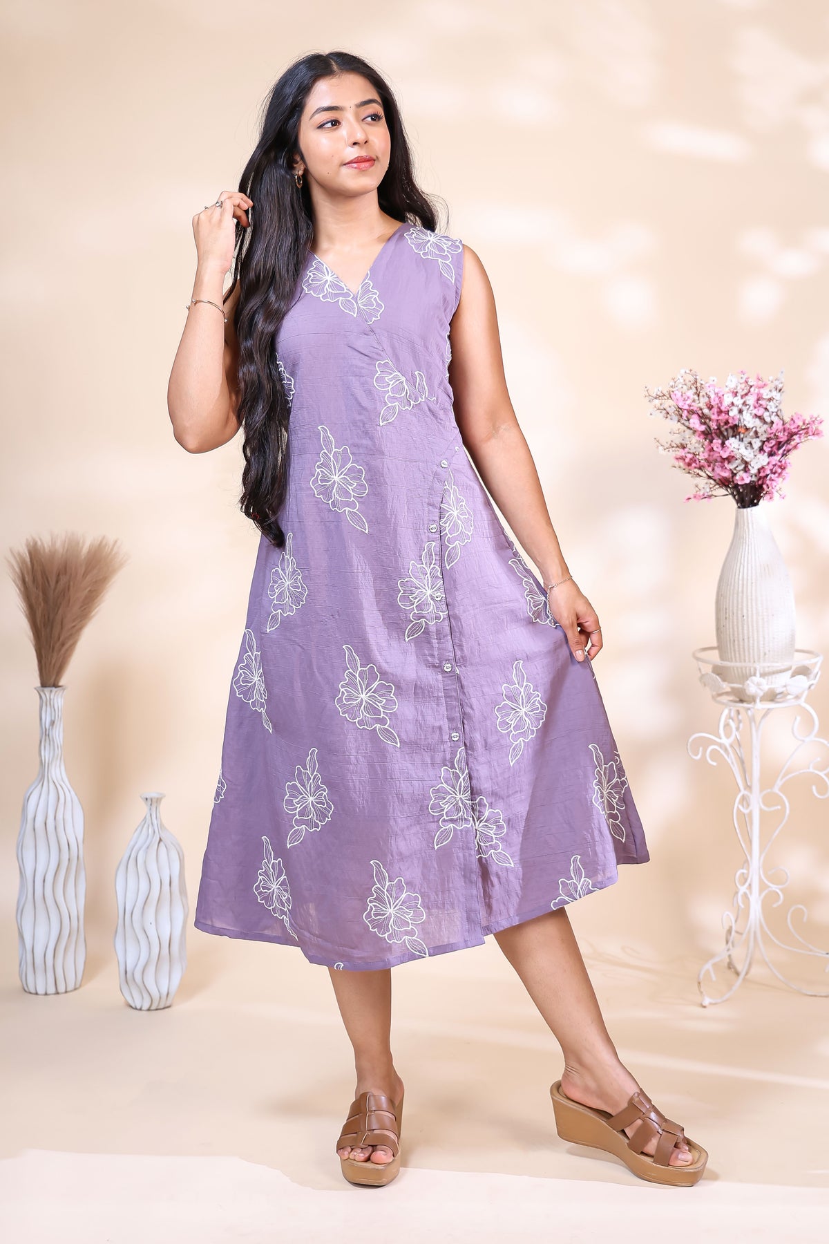 Elegant Lavender Floral Embroidered Westen wrap Style dress