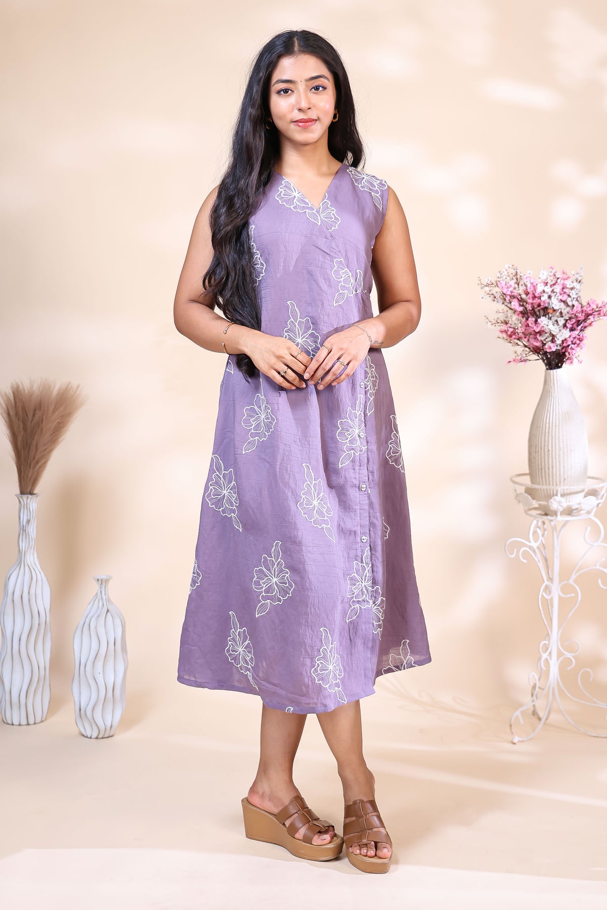 Elegant Lavender Floral Embroidered Westen wrap Style dress