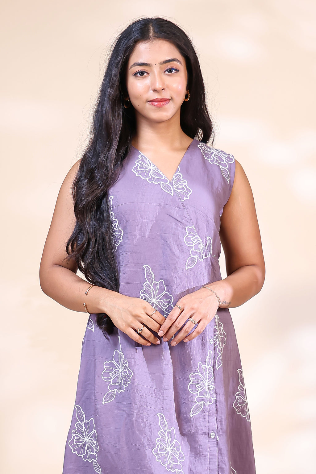 Elegant Lavender Floral Embroidered Westen wrap Style dress