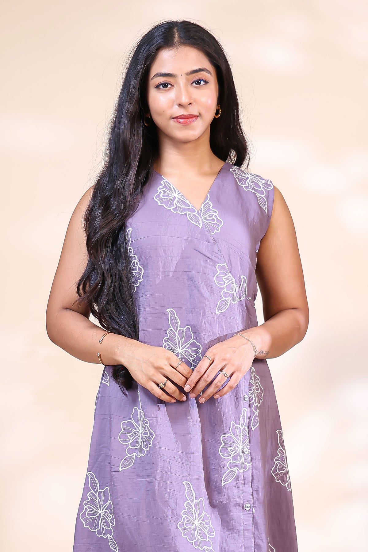 Elegant Lavender Floral Embroidered Westen wrap Style dress