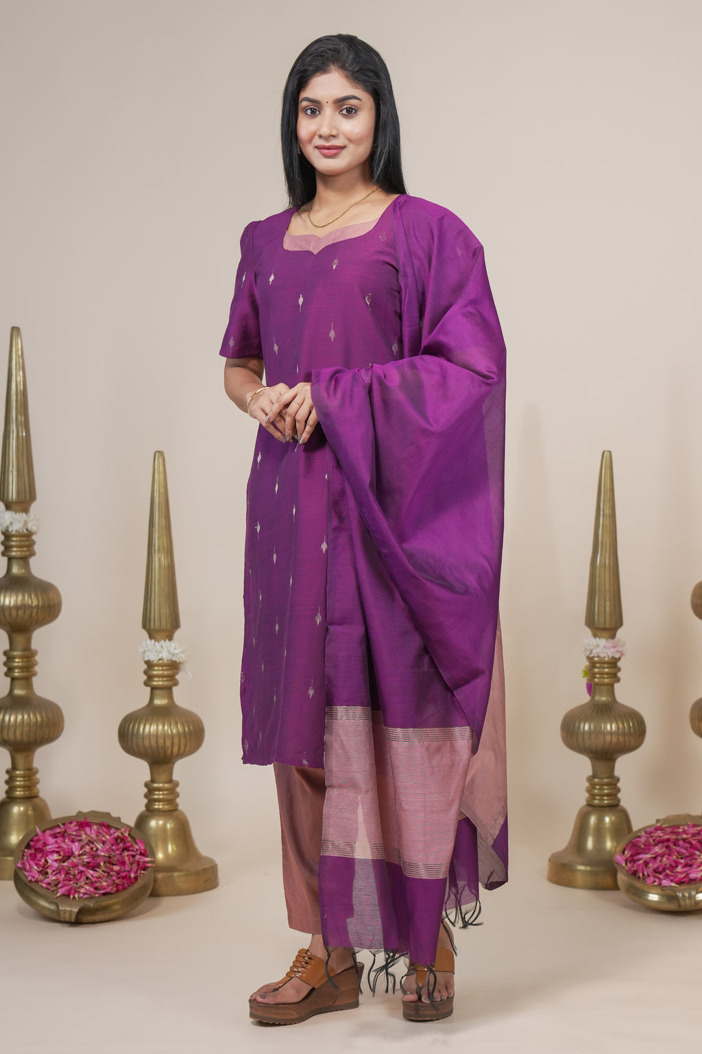 Elegant Purple Kurta Set with Contrasting Dupatta and Trousers