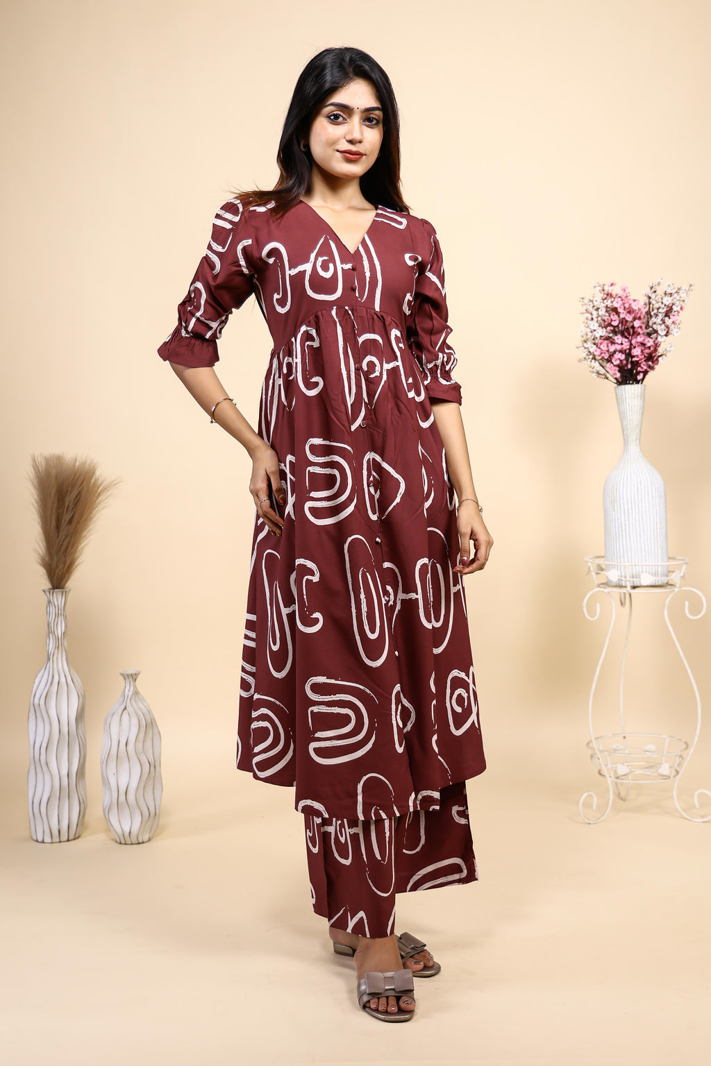 Maroon Abstract Print Set with Ruffled Sleeves and Matching pants