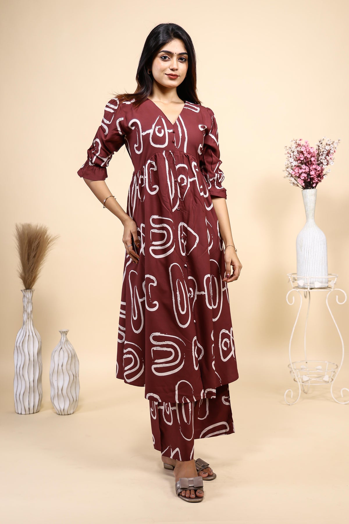 Maroon Abstract Print Set with Ruffled Sleeves and Matching pants
