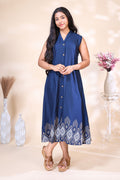 Elegant Navy Blue Dress with Geometric Hem Print