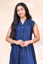 Elegant Navy Blue Dress with Geometric Hem Print