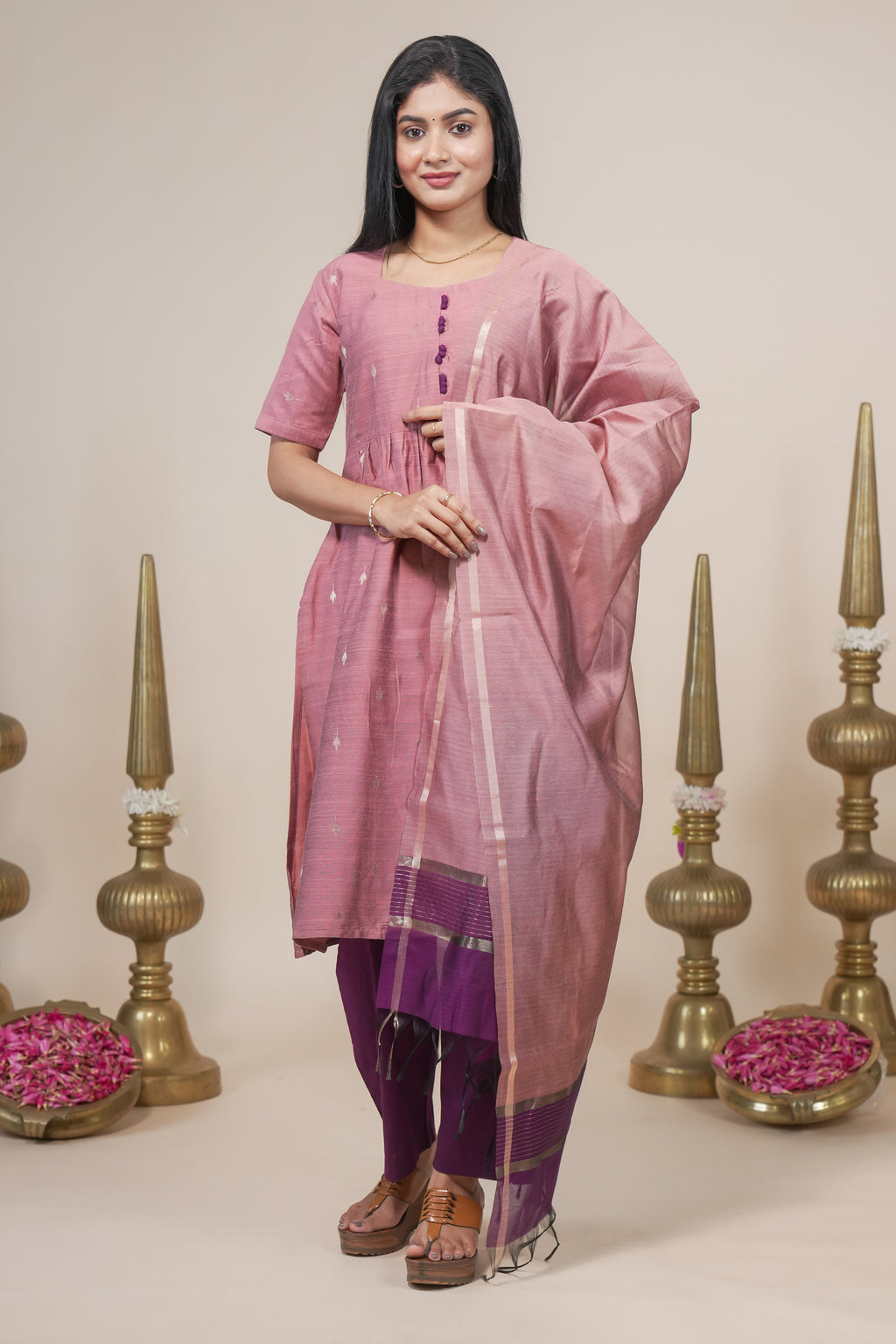 Elegant Mauve Silk Kurta Set with Purple Contrasting Pants and Dupatta