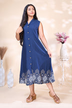 Elegant Navy Blue Dress with Geometric Hem Print