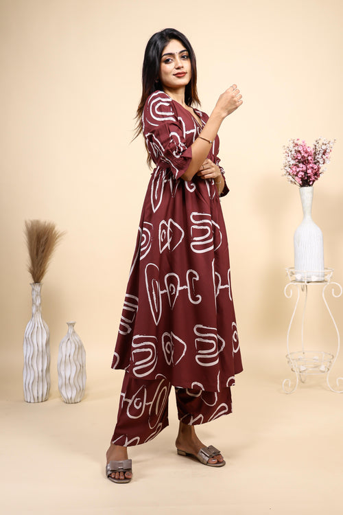 Maroon Abstract Print Set with Ruffled Sleeves and Matching pants