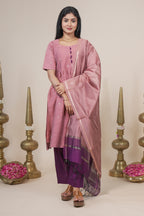 Elegant Mauve Silk Kurta Set with Purple Contrasting Pants and Dupatta