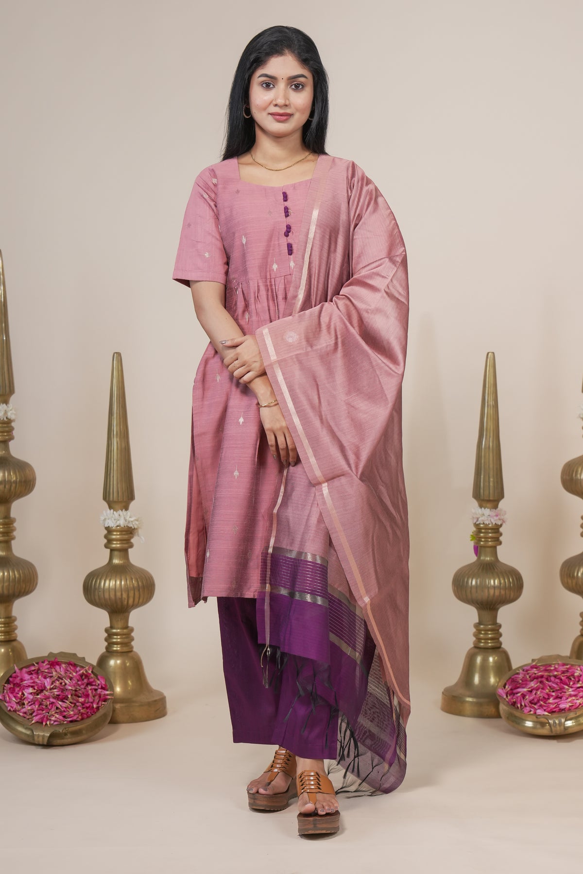 Elegant Mauve Silk Kurta Set with Purple Contrasting Pants and Dupatta