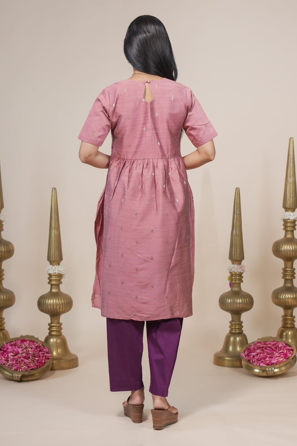 Elegant Mauve Silk Kurta Set with Purple Contrasting Pants and Dupatta