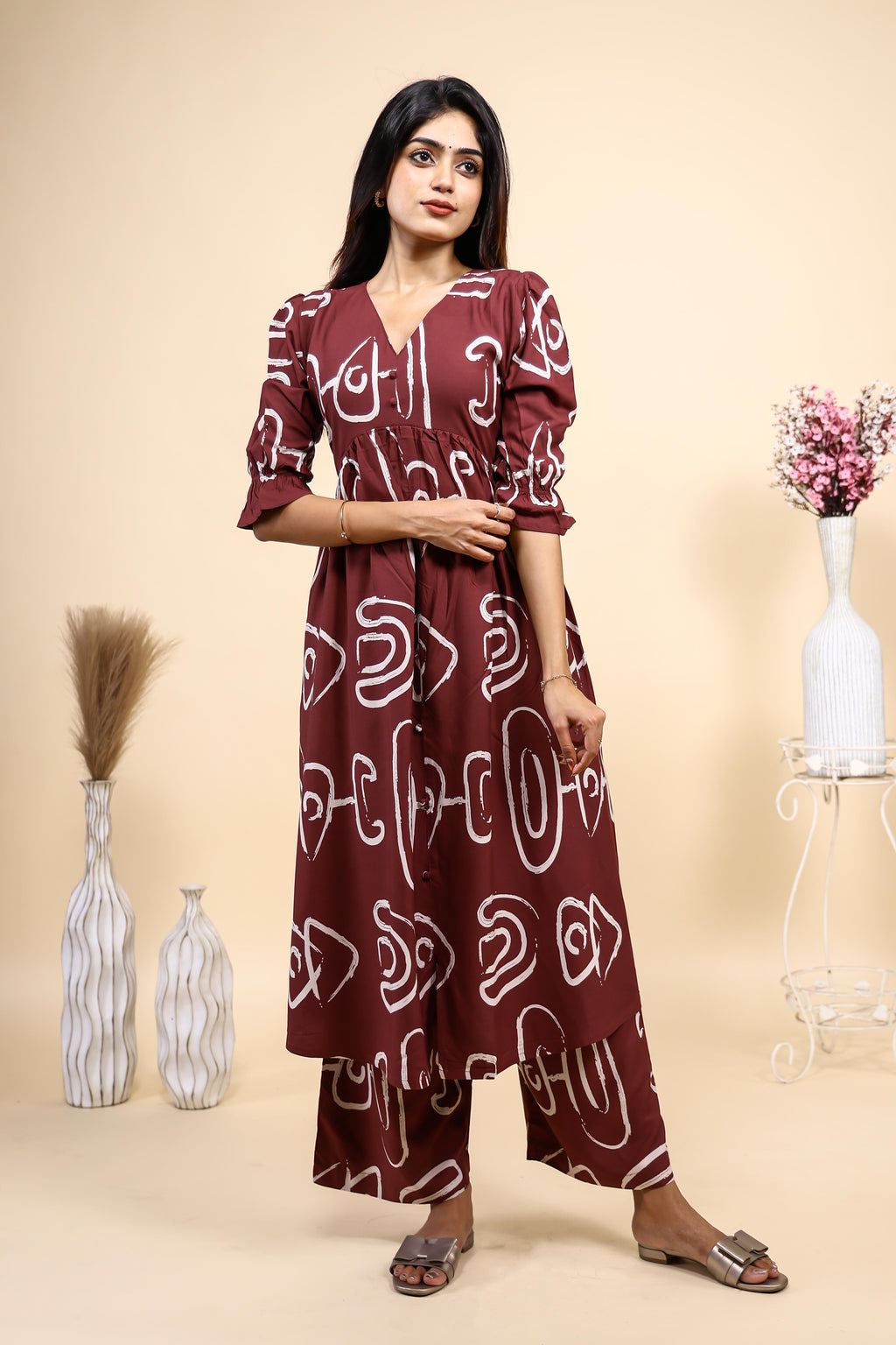 Maroon Abstract Print Set with Ruffled Sleeves and Matching pants