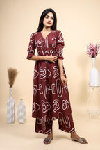 Maroon Abstract Print Set with Ruffled Sleeves and Matching pants