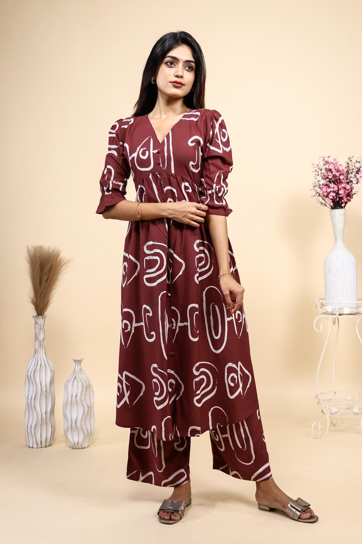 Maroon Abstract Print Set with Ruffled Sleeves and Matching pants