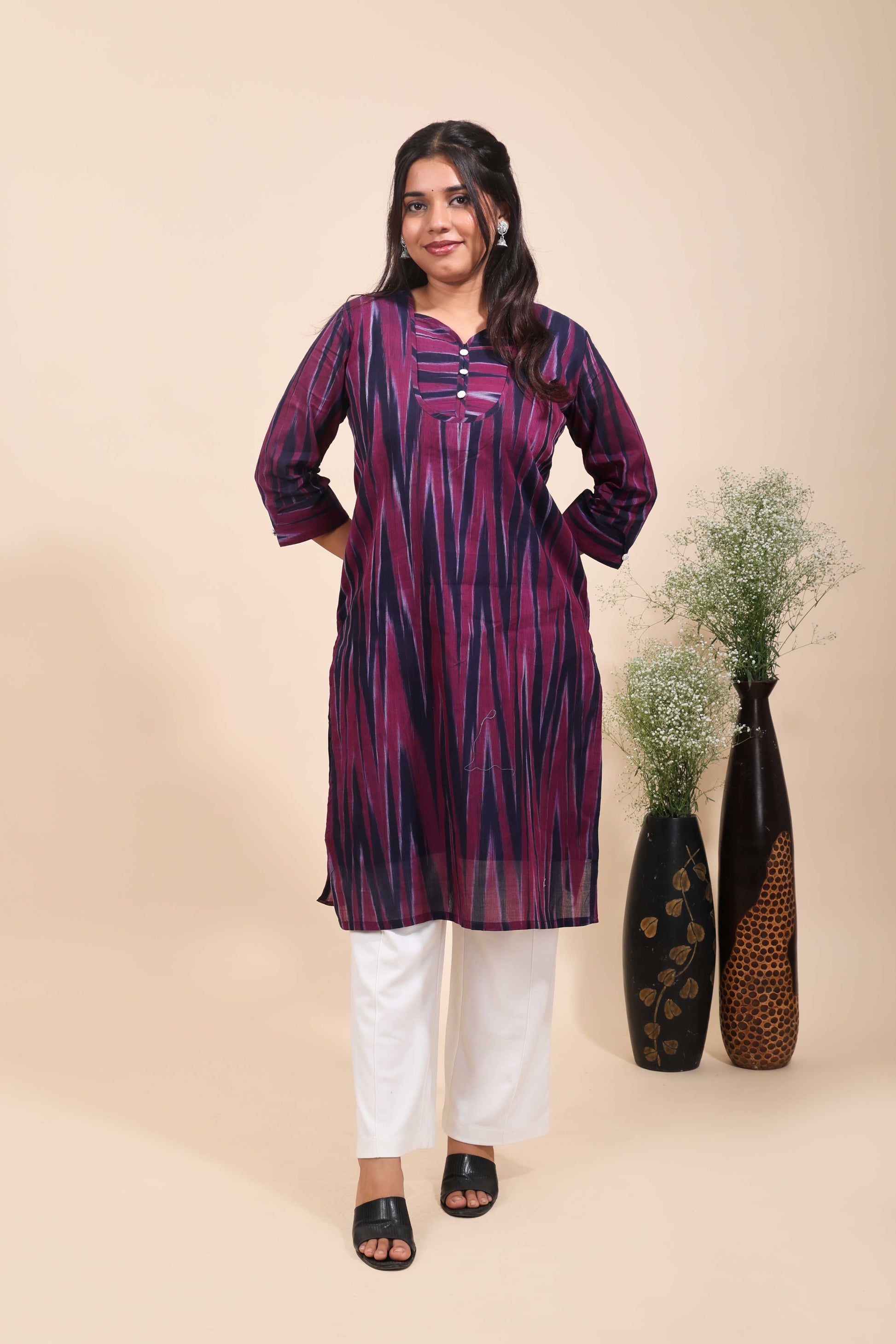 Women's Wine and Navy Blue Ikat Print Straight Kurta