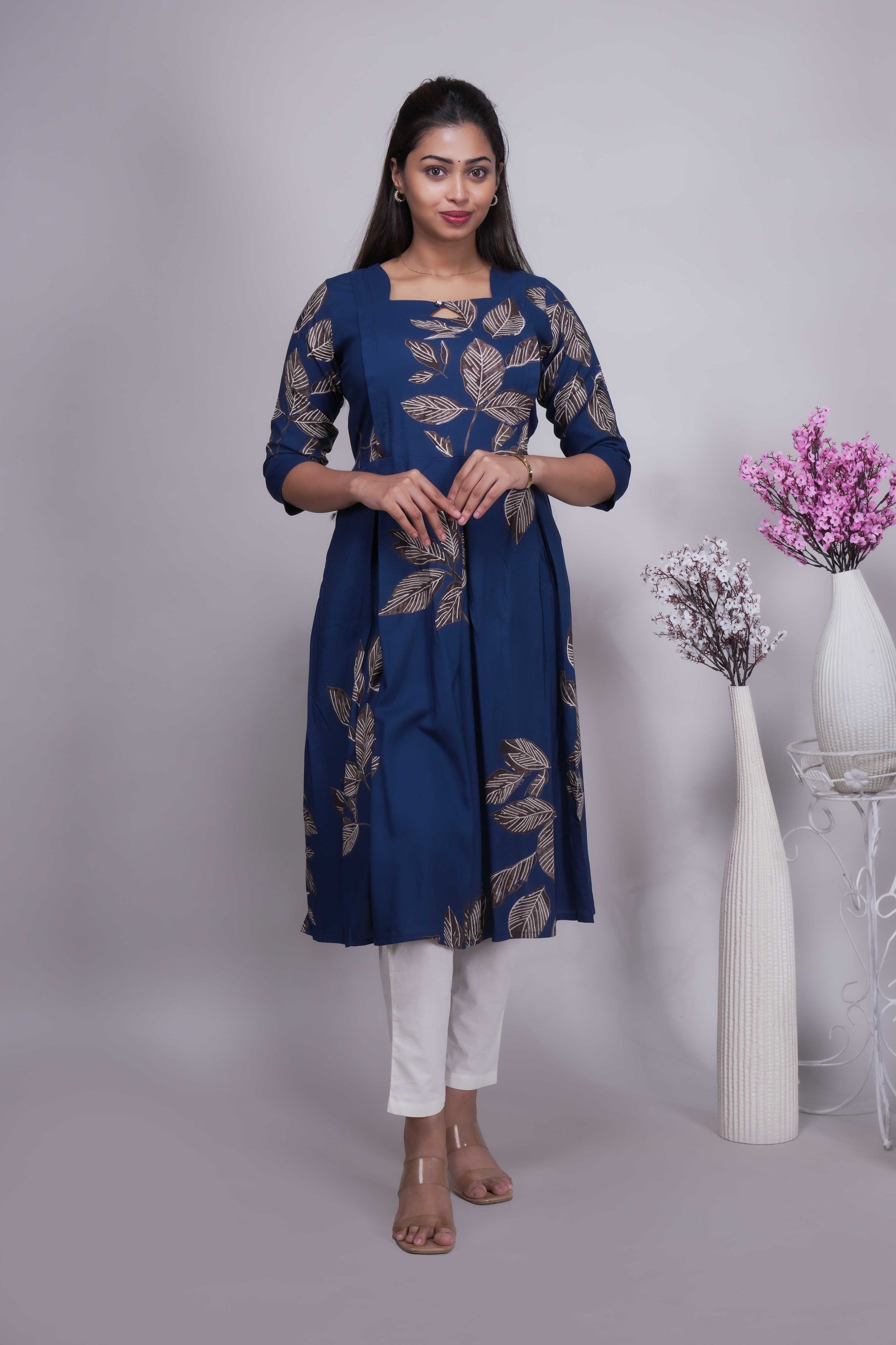 Women's Prussian Blue Leaf Printed Maternity A-Line Kurta