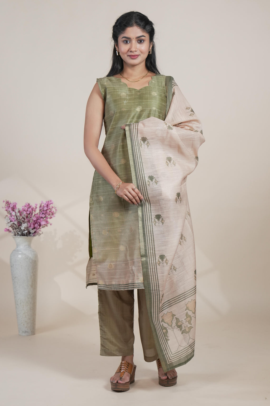 Elegant Olive Green Kurta Set with Light Peach Printed Dupatta