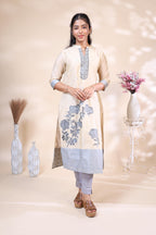 Elegant Beige & Light Blue Floral Embroidered Cotton Kurta Set