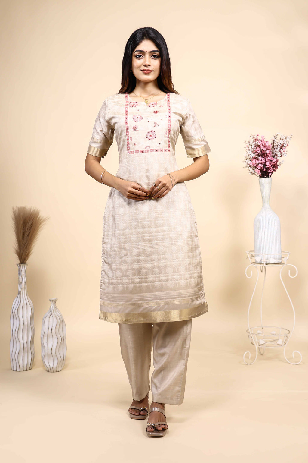 Elegant Beige loral Embroidered Unstitched/Stitched Salwar Suit Set with Matching Dupatta set
