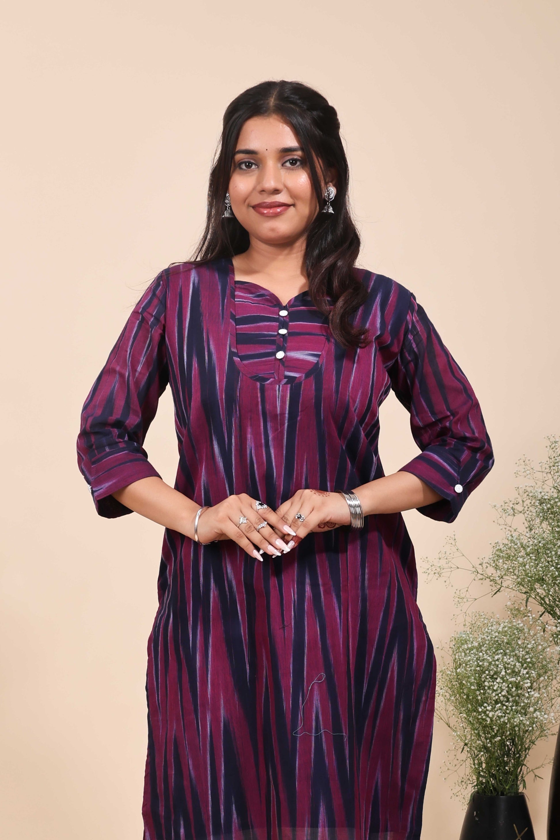 Women's Wine and Navy Blue Ikat Print Straight Kurta
