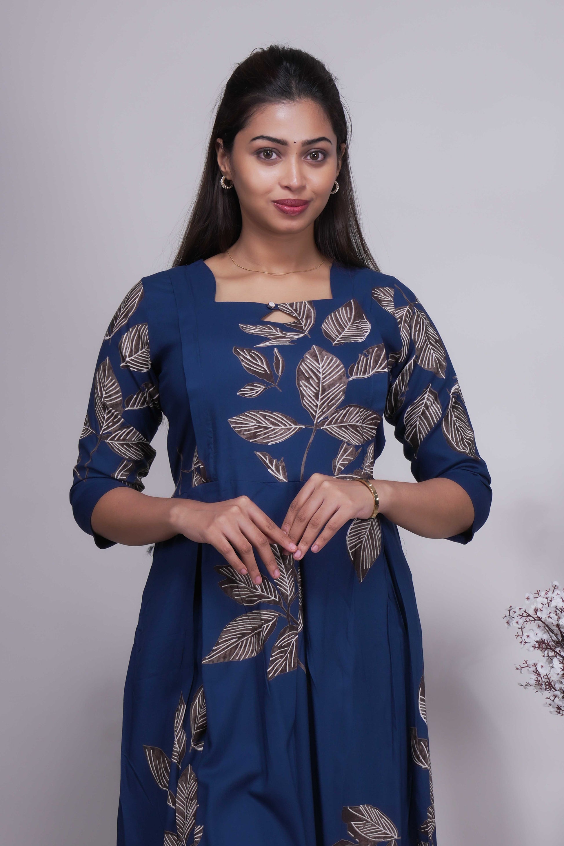 Women's Prussian Blue Leaf Printed Maternity A-Line Kurta