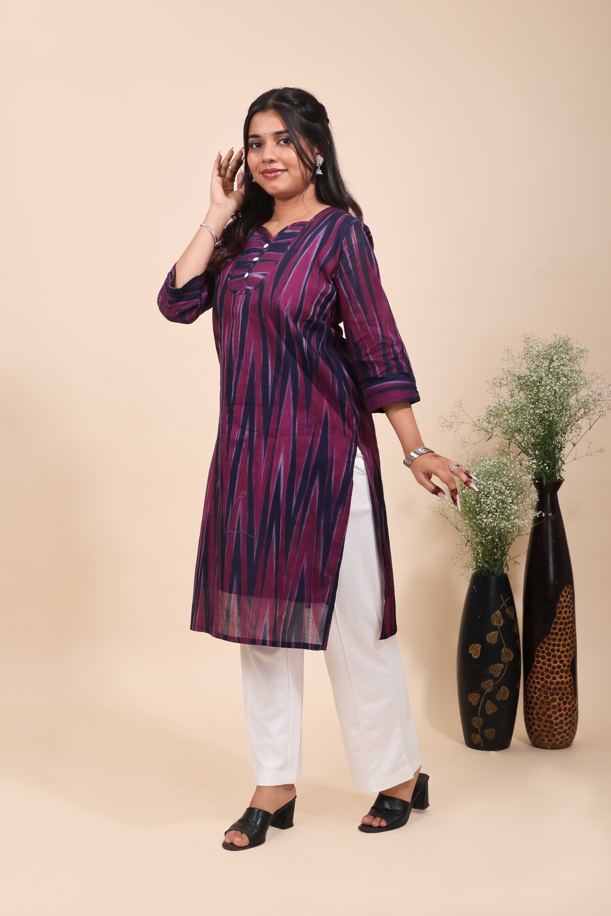 Women's Wine and Navy Blue Ikat Print Straight Kurta