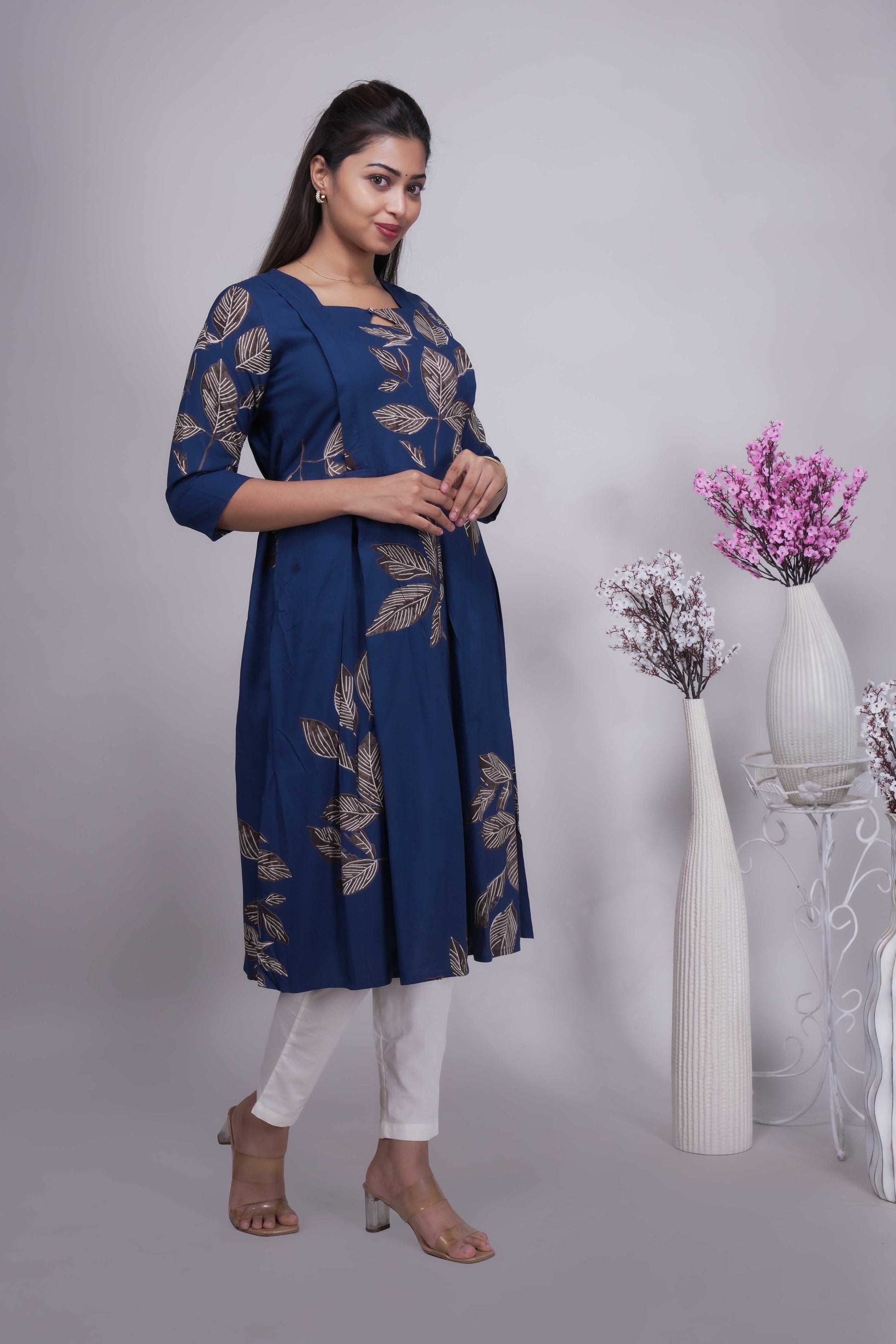 Women's Prussian Blue Leaf Printed Maternity A-Line Kurta