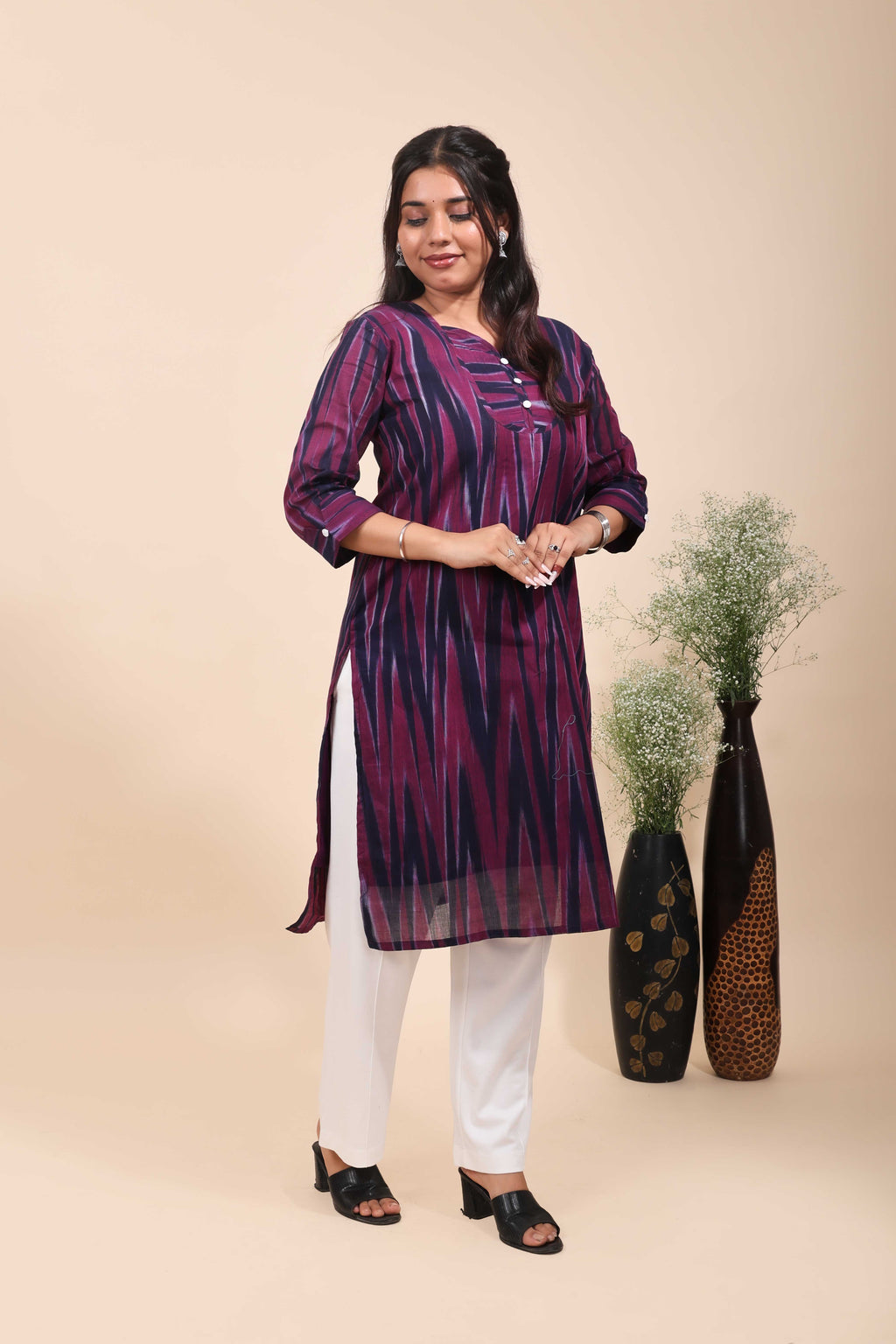 Women's Wine and Navy Blue Ikat Print Straight Kurta