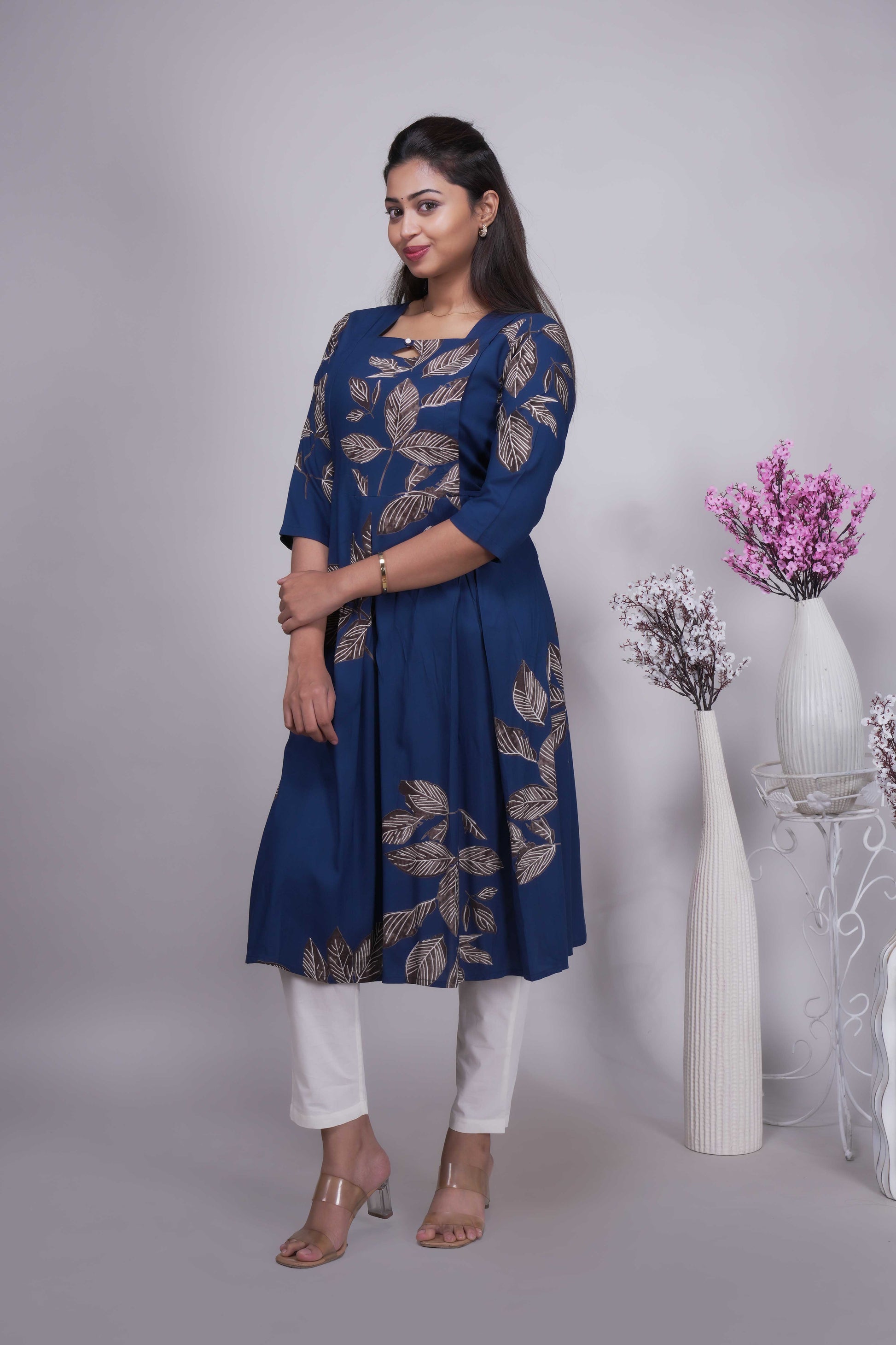 Women's Prussian Blue Leaf Printed Maternity A-Line Kurta