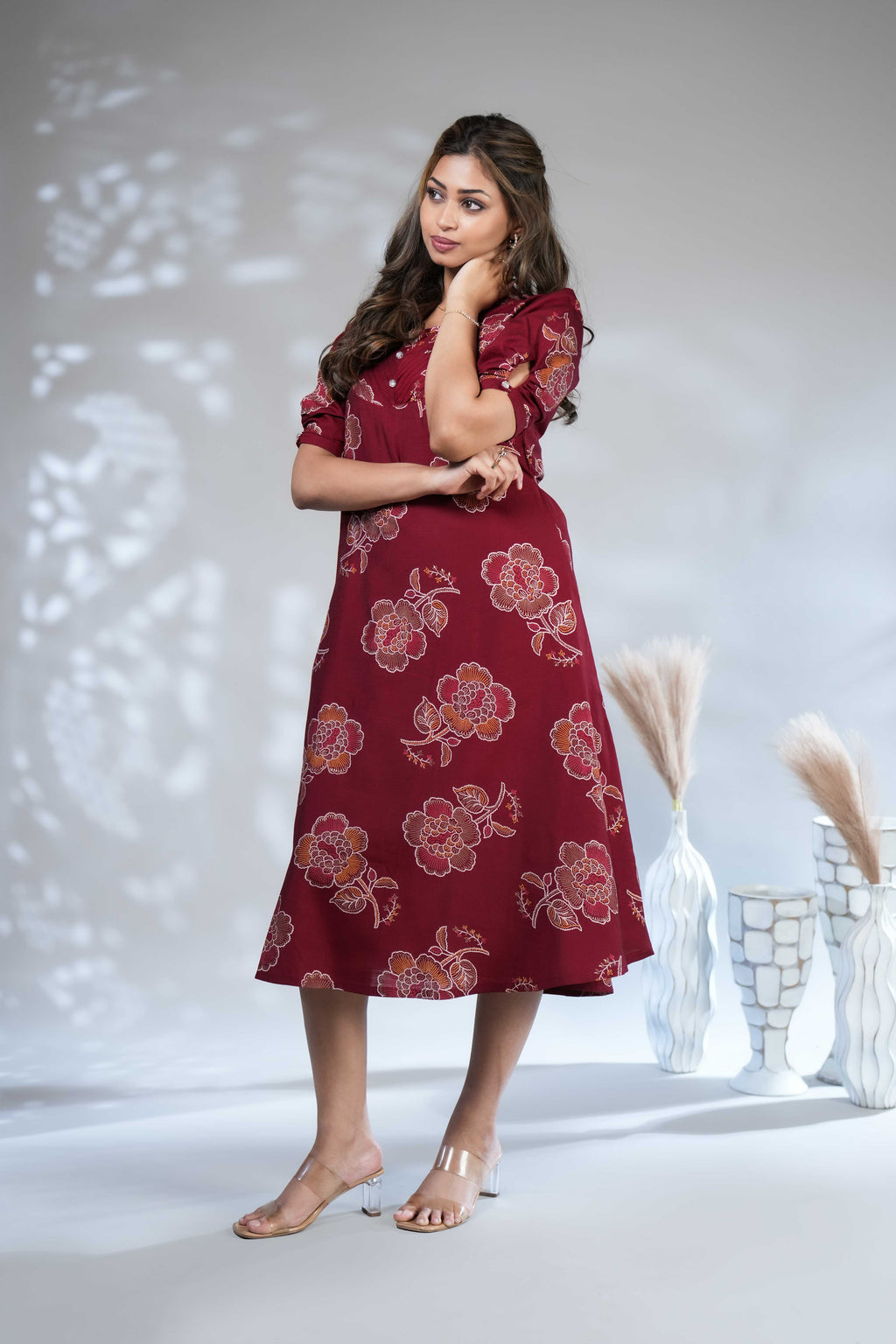 Women's Maroon Floral Printed A-Line Midi Dress