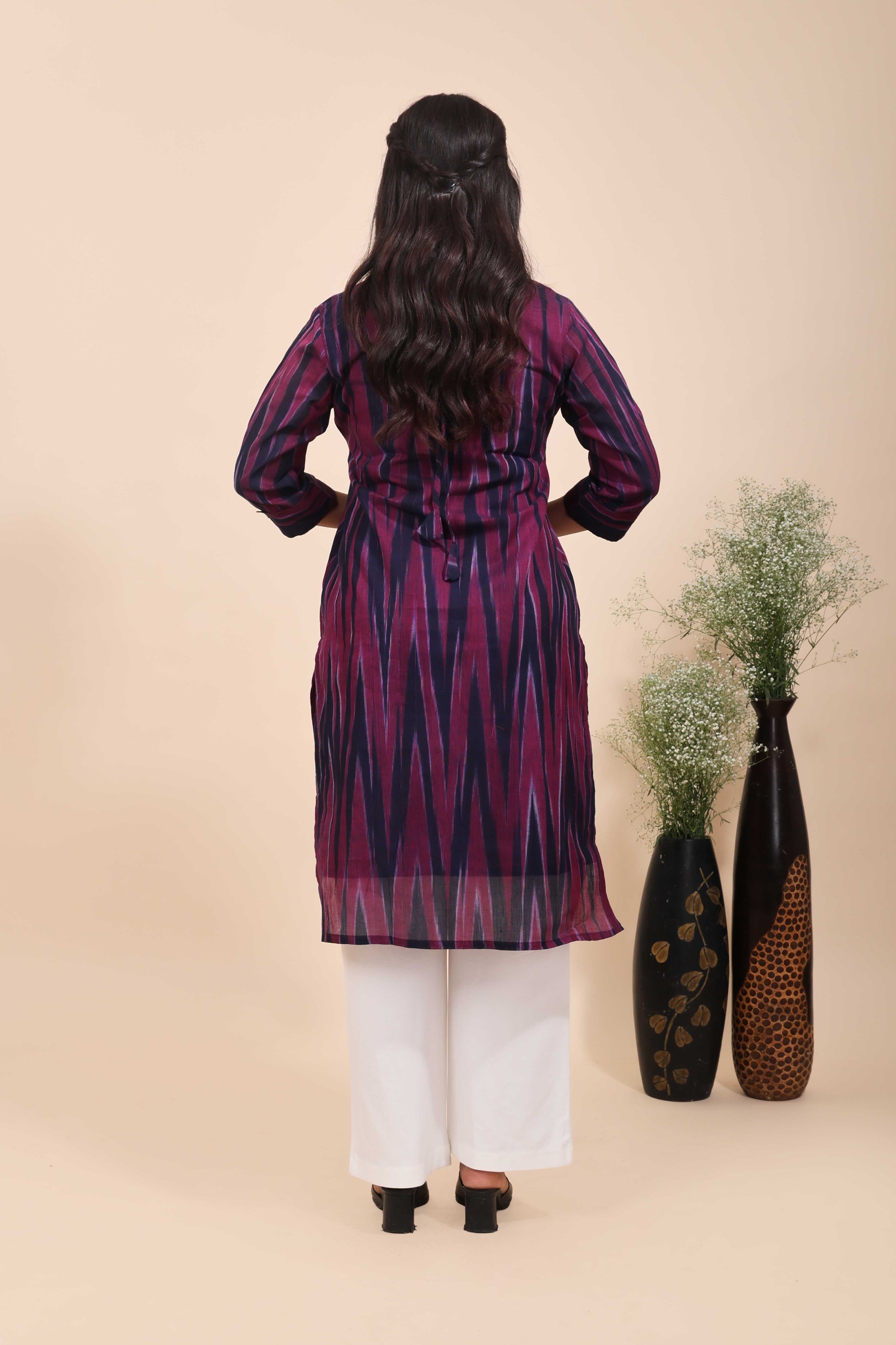Women's Wine and Navy Blue Ikat Print Straight Kurta