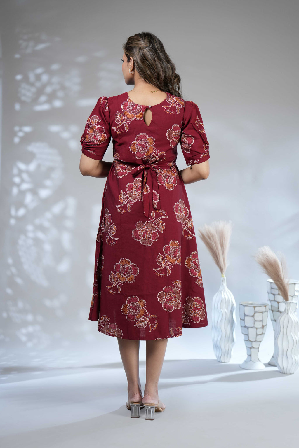Women's Maroon Floral Printed A-Line Midi Dress