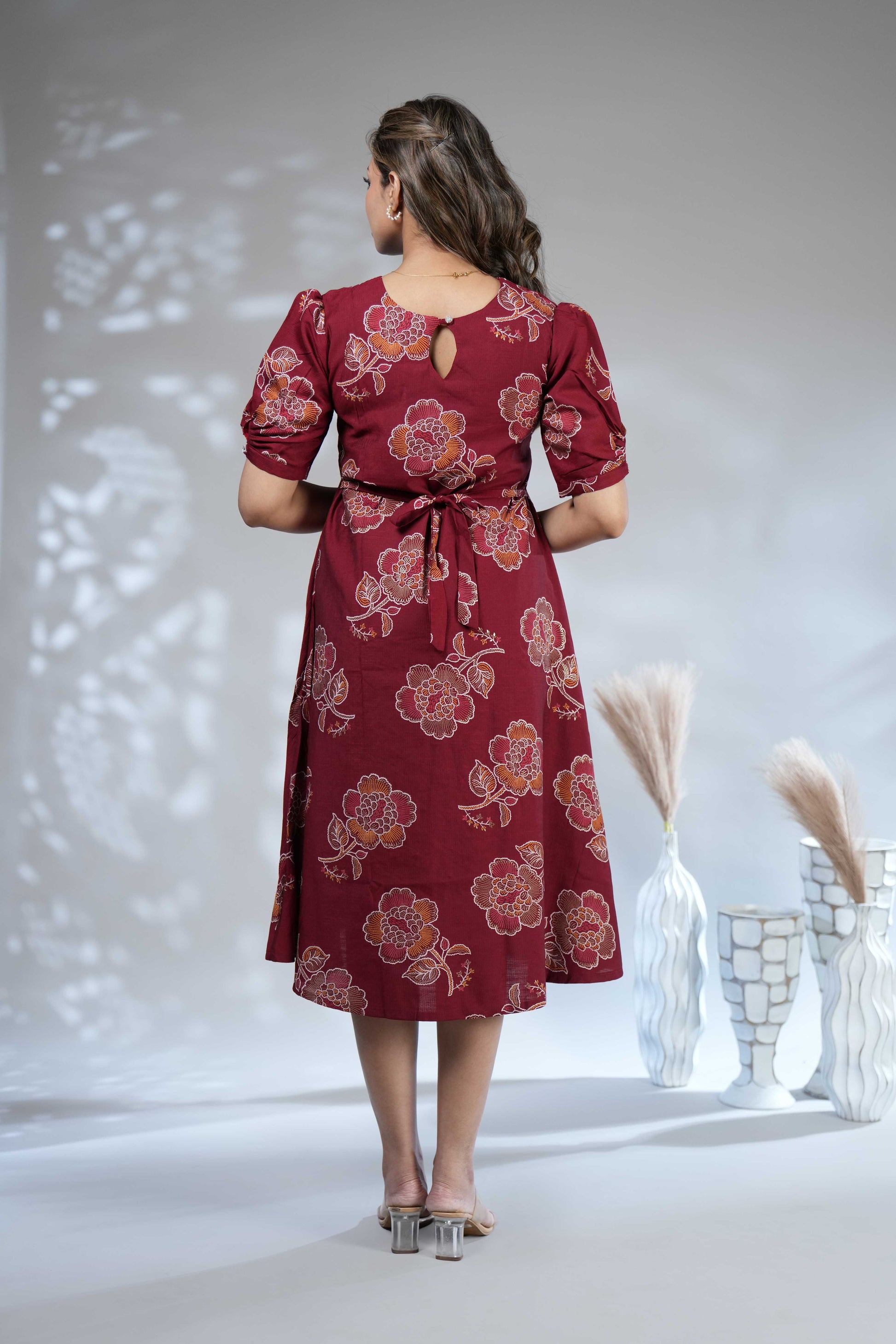 Women's Maroon Floral Printed A-Line Midi Dress