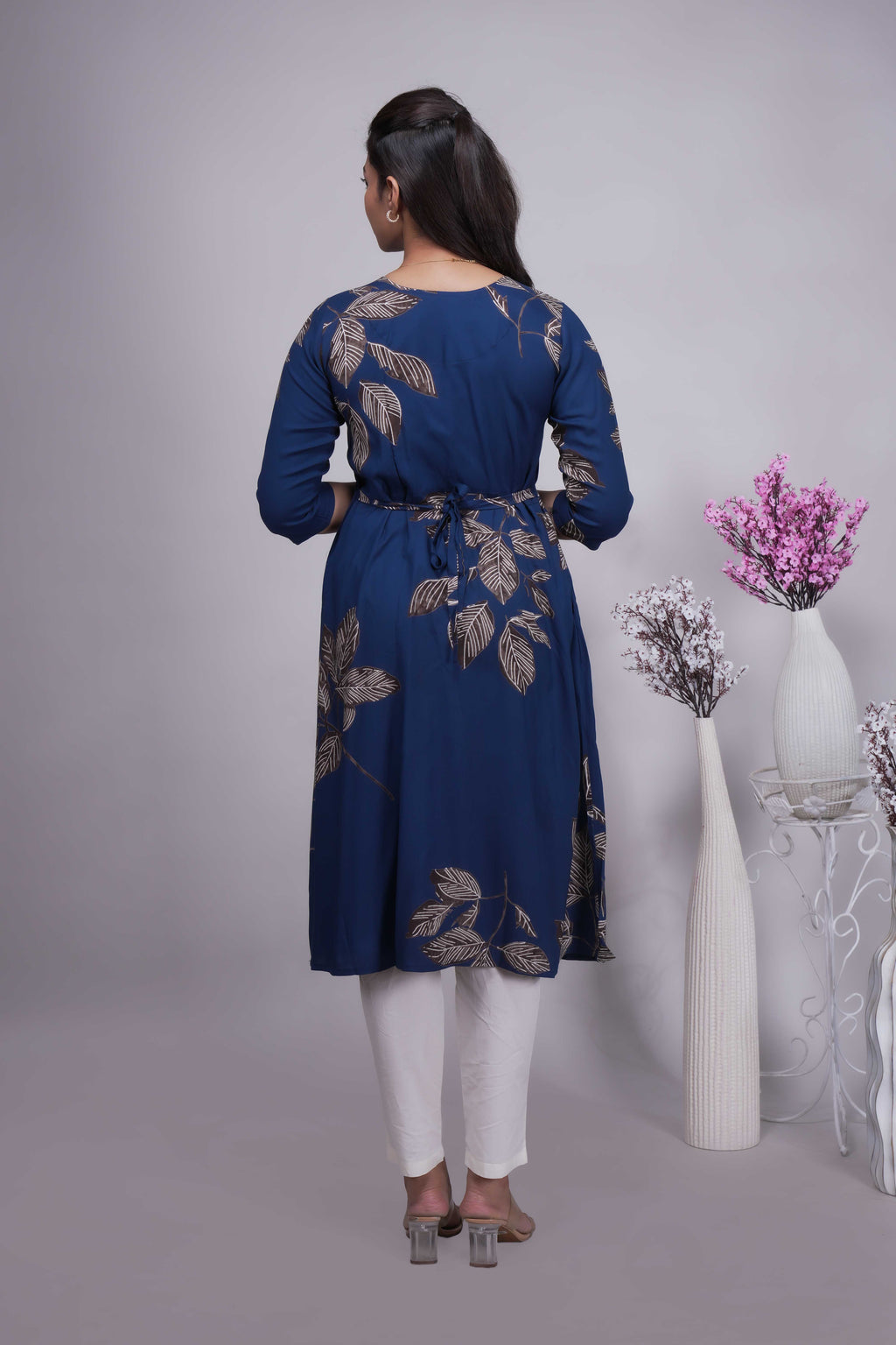 Women's Prussian Blue Leaf Printed Maternity A-Line Kurta