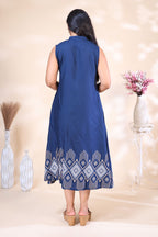 Elegant Navy Blue Dress with Geometric Hem Print