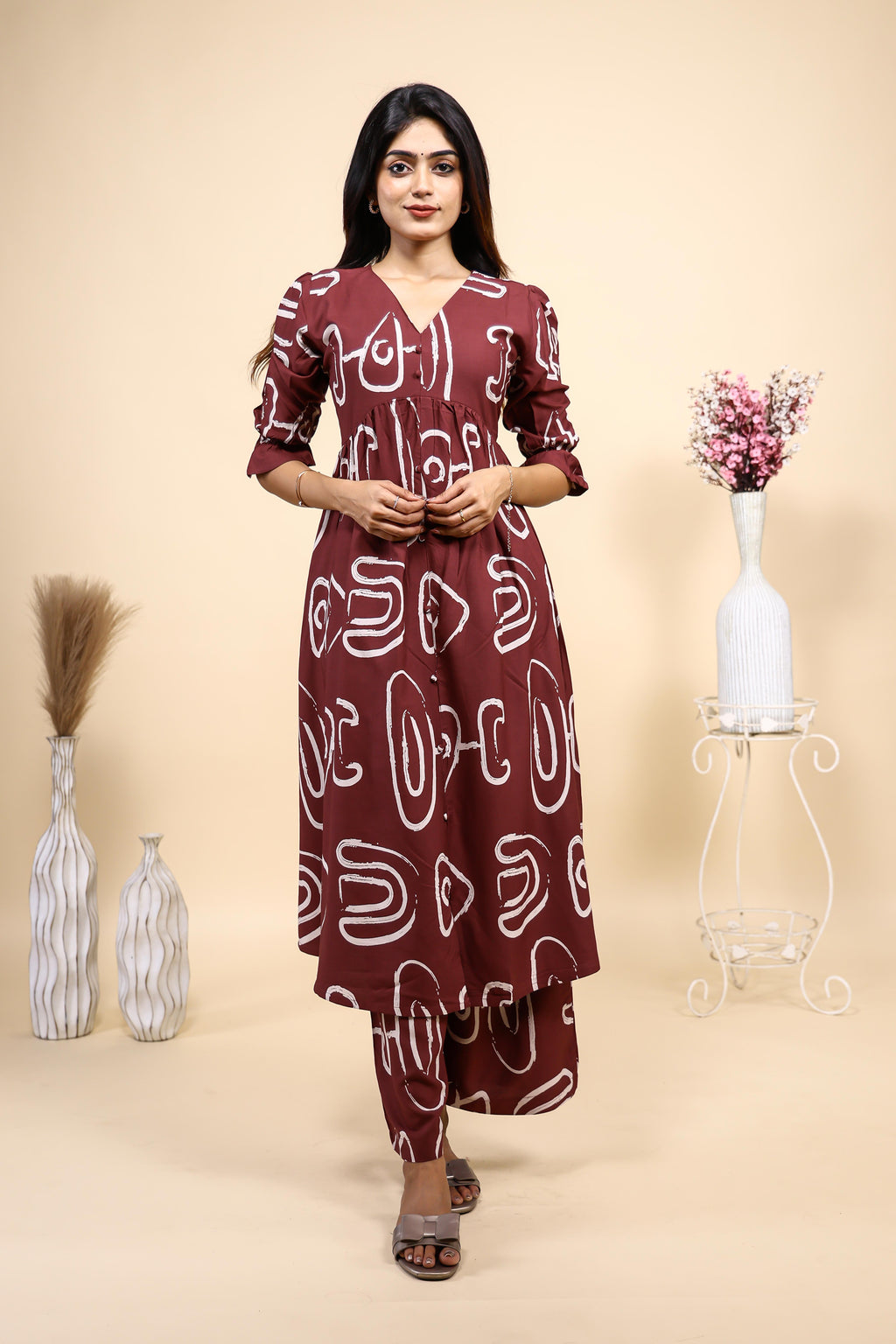 Maroon Abstract Print Set with Ruffled Sleeves and Matching pants