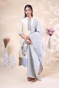Elegant Beige & Light Blue Floral Embroidered Cotton Kurta Set