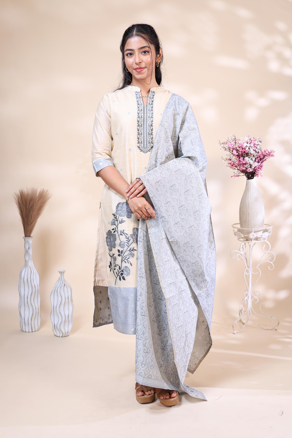 Elegant Beige & Light Blue Floral Embroidered Cotton Kurta Set