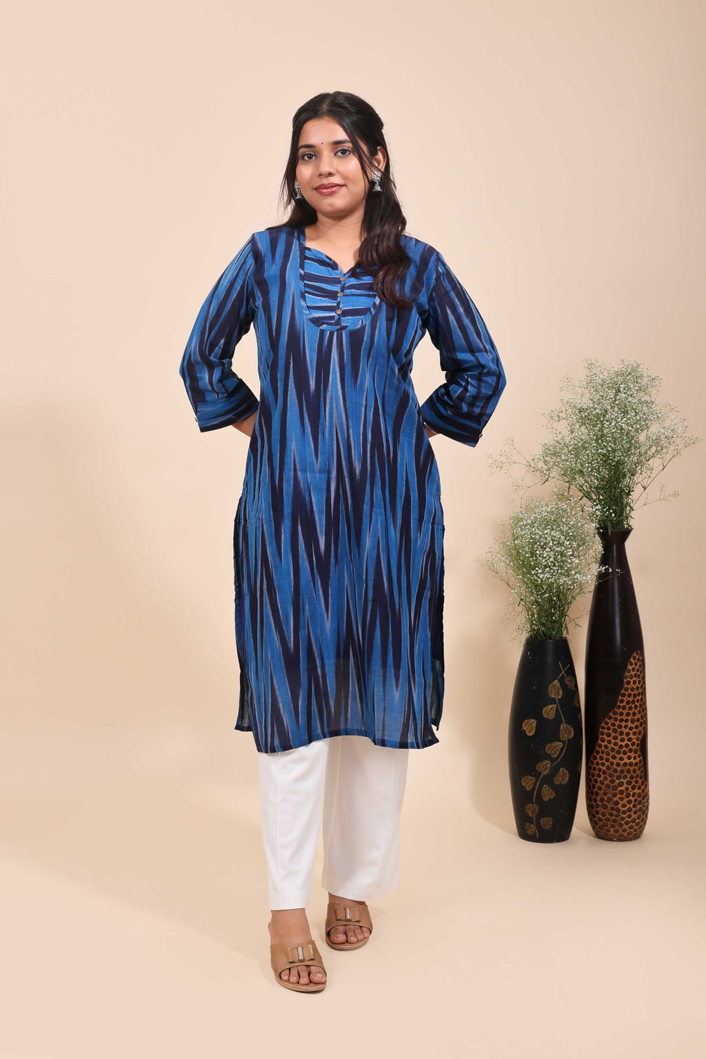 Women's Indigo Blue Ikkat Print Straight Cotton Kurta