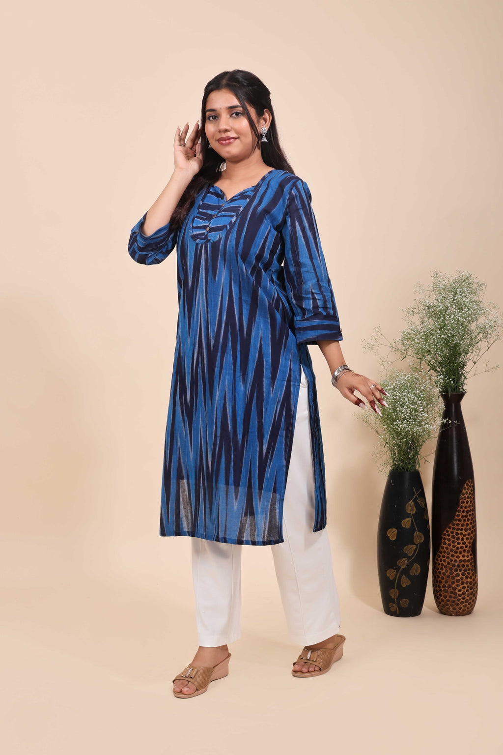 Women's Indigo Blue Ikkat Print Straight Cotton Kurta