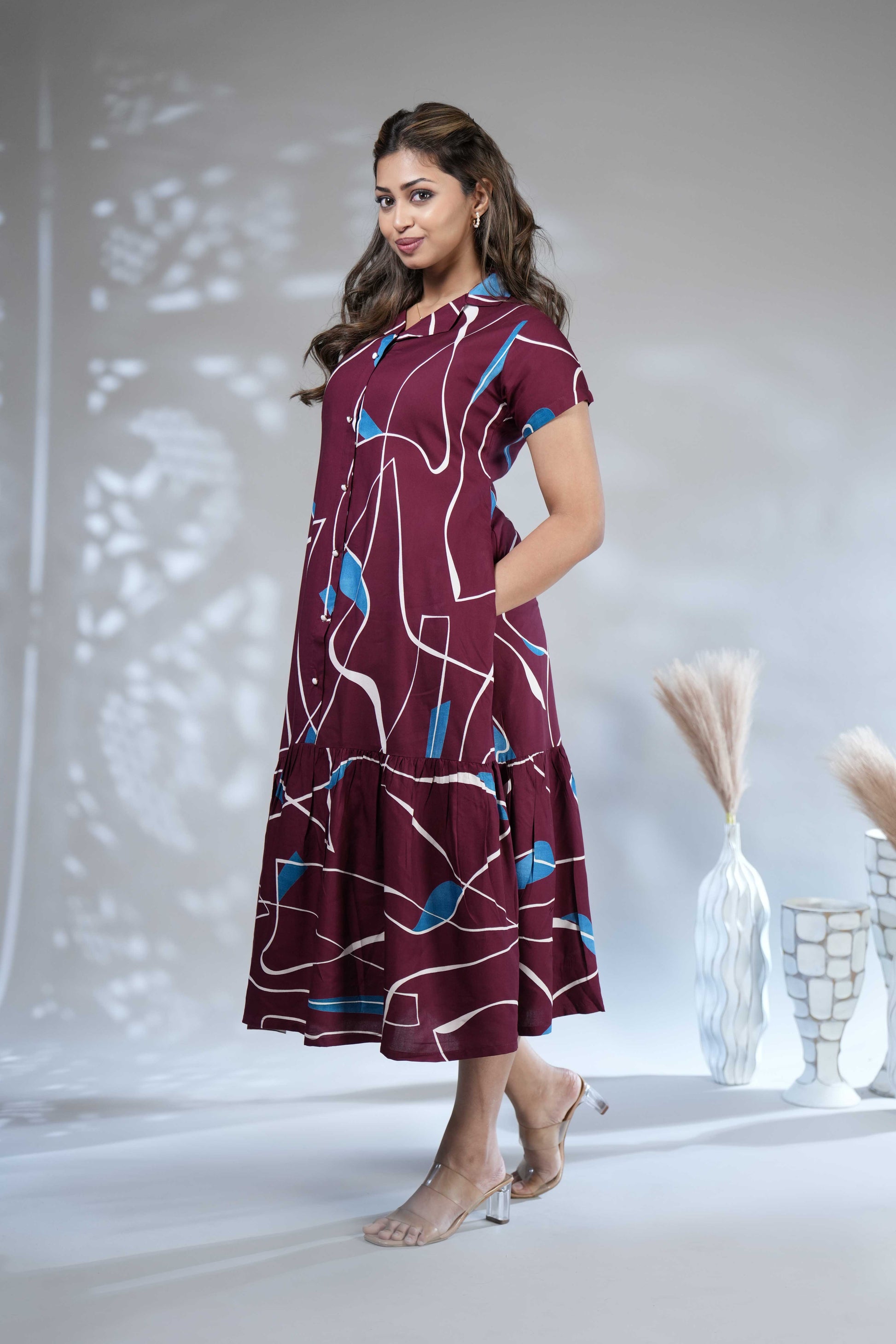 Women's Wine Geometric Print Tiered A-Line Midi Dress