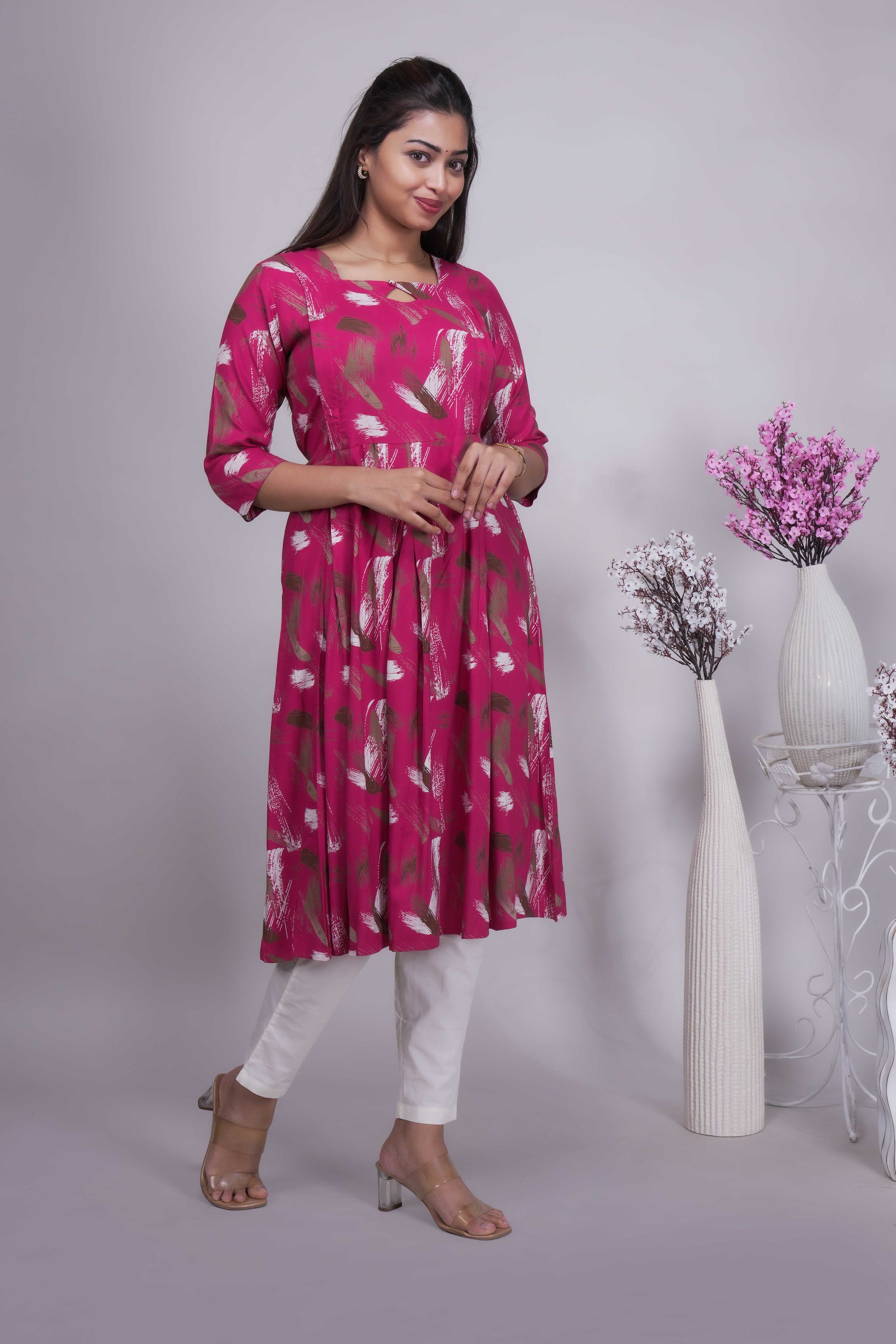 Women's Magenta Abstract Print A-Line Kurta