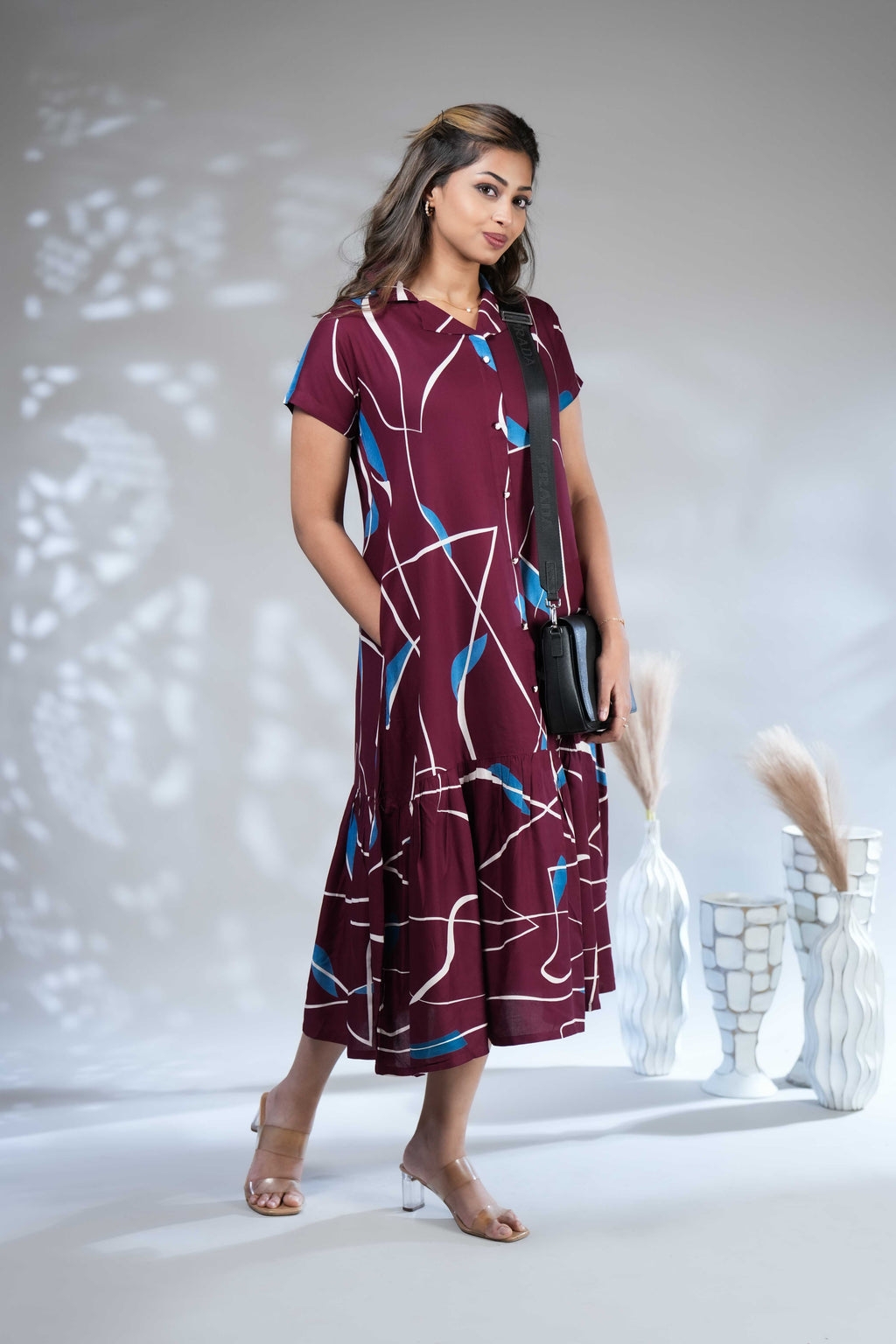 Women's Wine Geometric Print Tiered A-Line Midi Dress