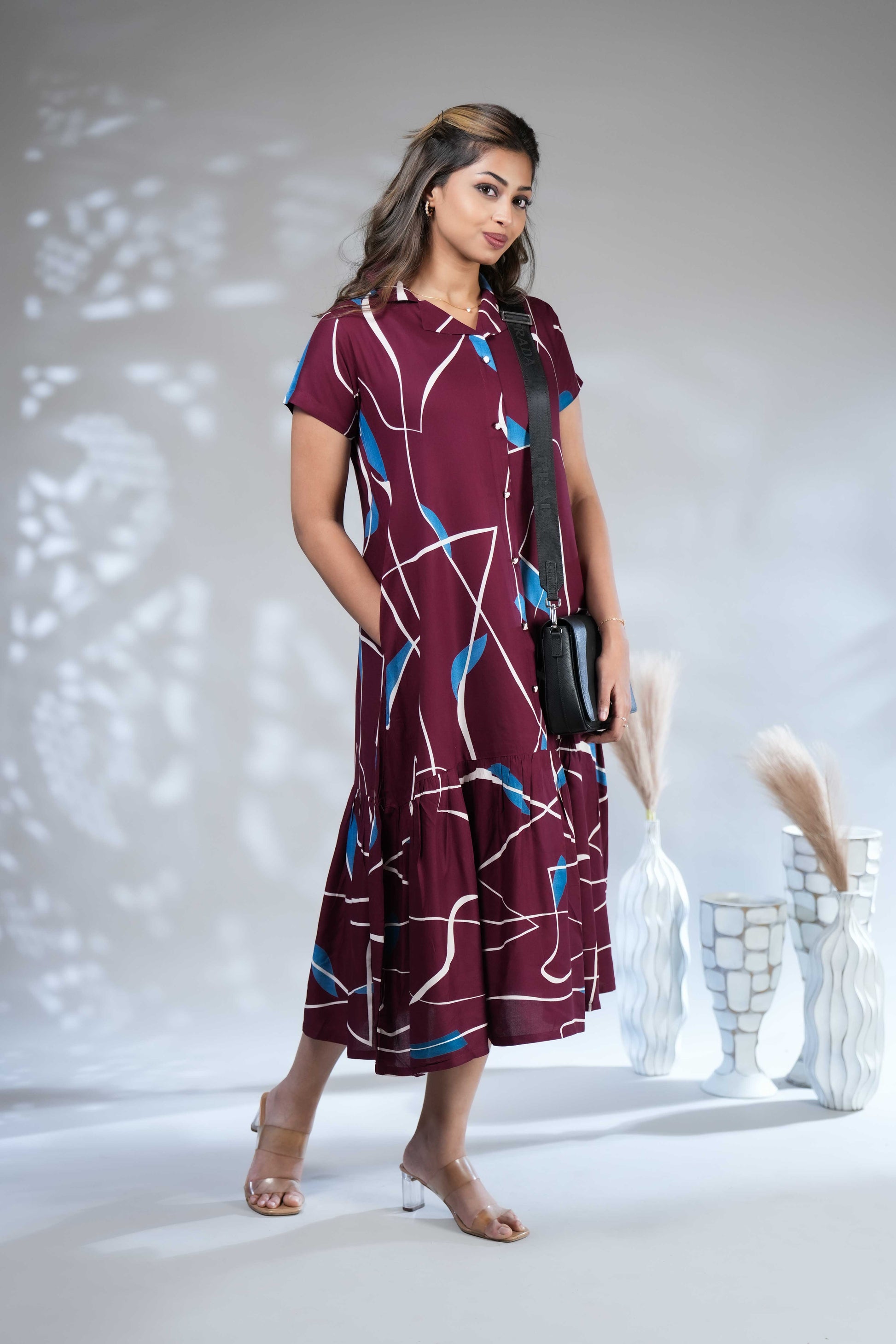 Women's Wine Geometric Print Tiered A-Line Midi Dress