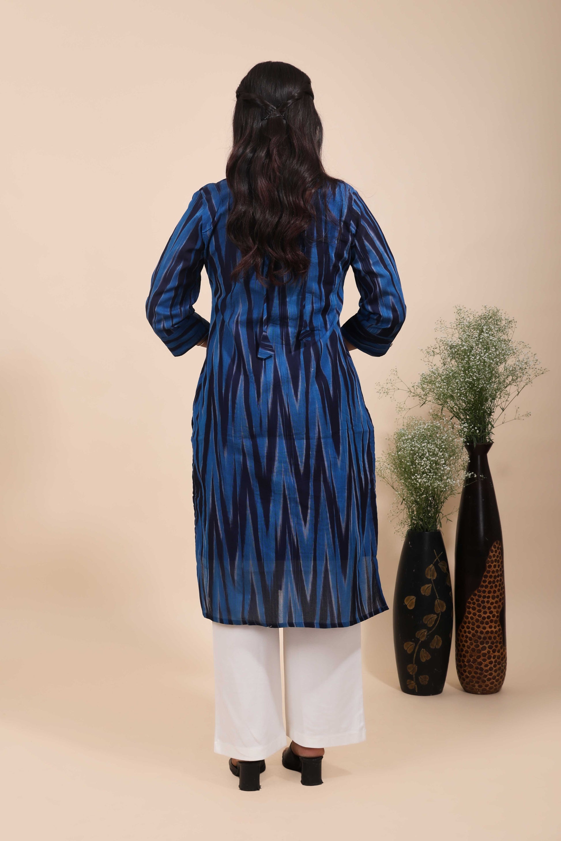 Women's Indigo Blue Ikkat Print Straight Cotton Kurta