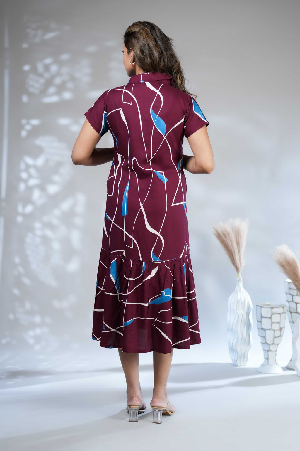 Women's Wine Geometric Print Tiered A-Line Midi Dress