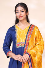 Elegant Royal Blue & Mustard Yellow Silk Blend Kurta Set with Printed Dupatta