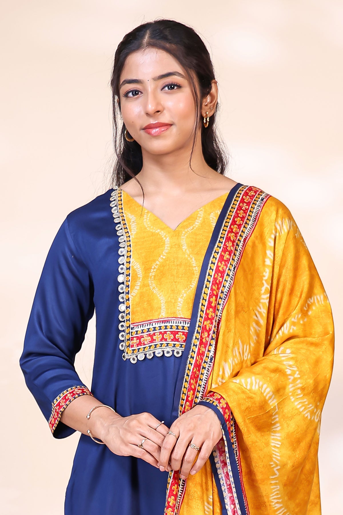 Elegant Royal Blue & Mustard Yellow Silk Blend Kurta Set with Printed Dupatta