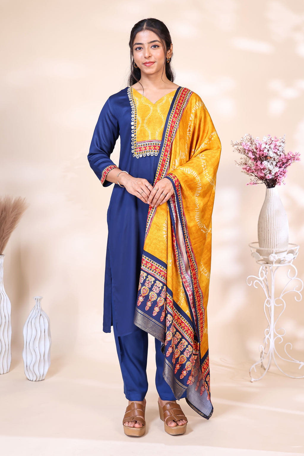 Elegant Royal Blue & Mustard Yellow Silk Blend Kurta Set with Printed Dupatta